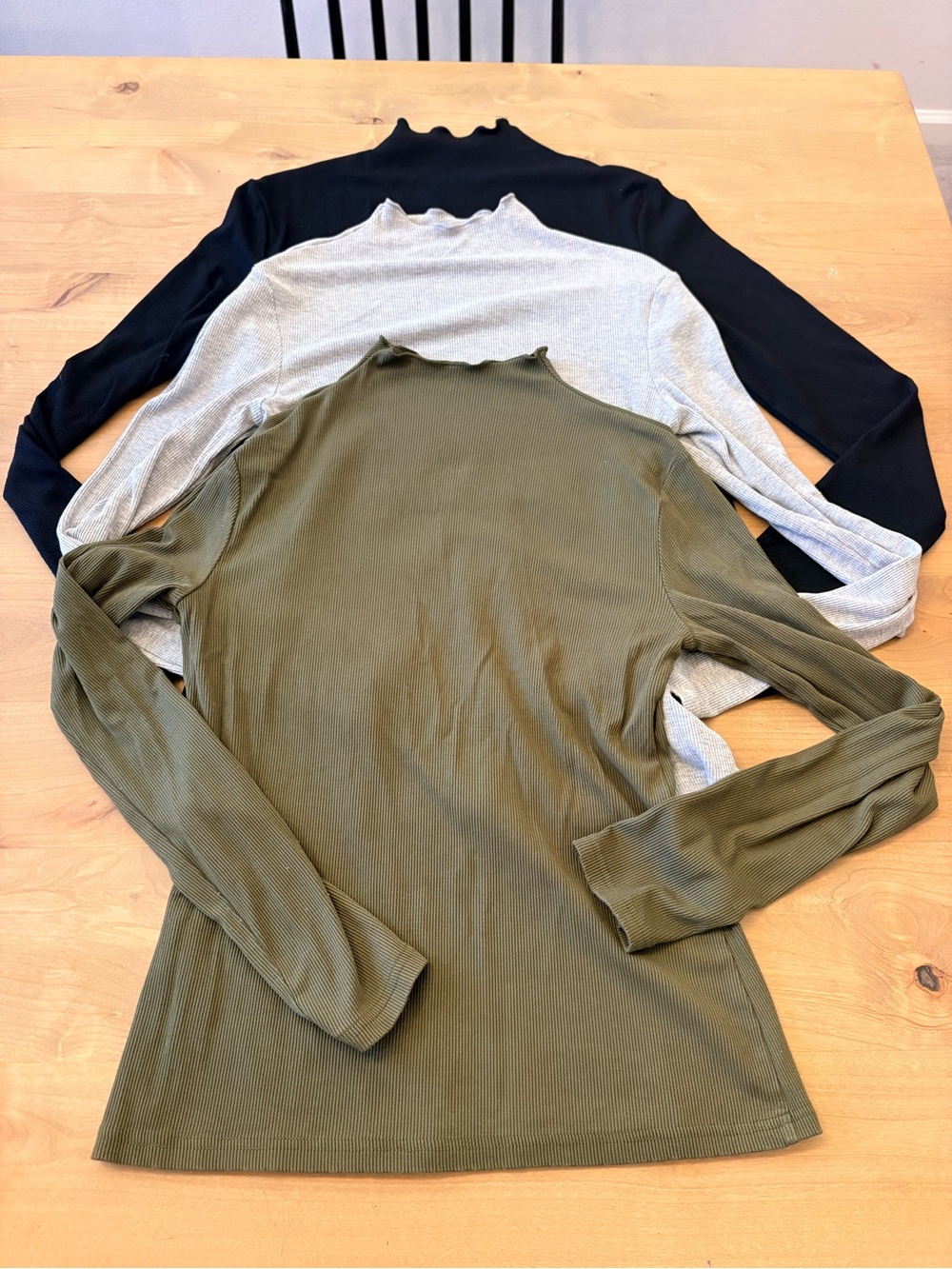 Ribbed Lettuce Neck Long Sleeve Top - Olive, Light Gray, Black (Set of 3)